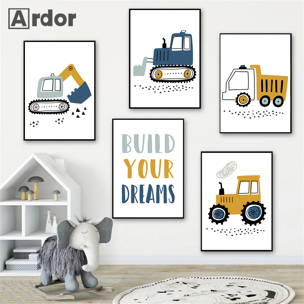 Heavy Equipment Background - Cartoon Crane Excavator Tractor Truck Wall