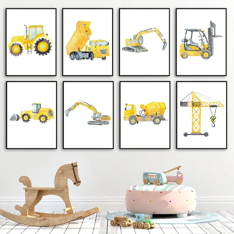 Heavy Equipment Background - Construction Vehicles Watercolor Nursery Wall Art