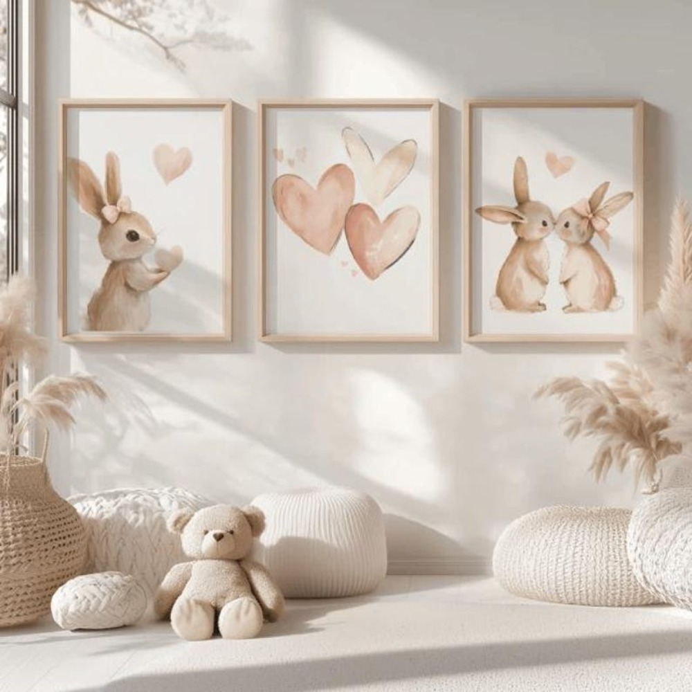 Heavy Equipment Background - Frameless Rabbit Poster,Girl Pink Beige Decor,Heart