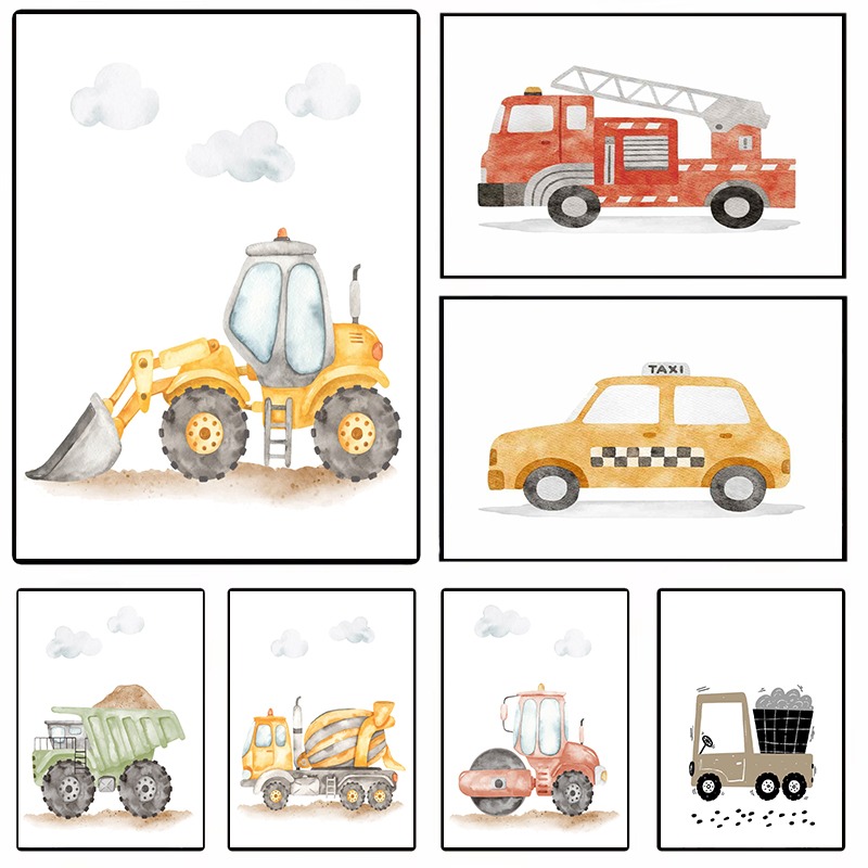 Heavy Equipment Background - Watercolor Vehicles Wall Art Construction Trucks