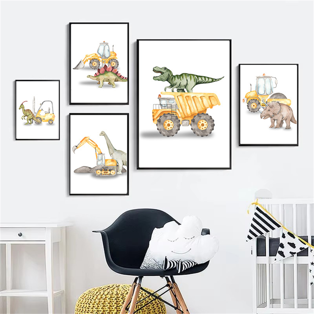 Heavy Equipment Background - Cartoon Dinosaur Truck Tractor Excavator Wall